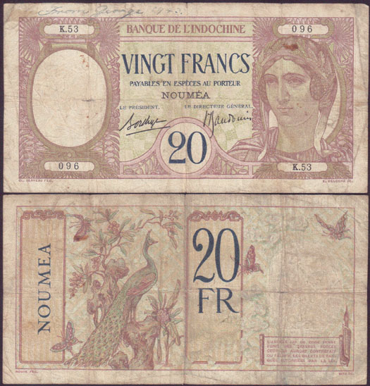 1929 New Caledonia 20 Francs L001055